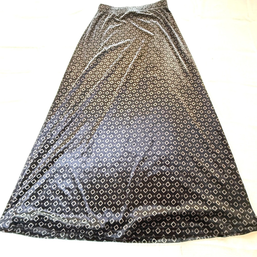 Vintage Blue Geometric Print Maxi Skirt Small Black Silver Made in USA‎